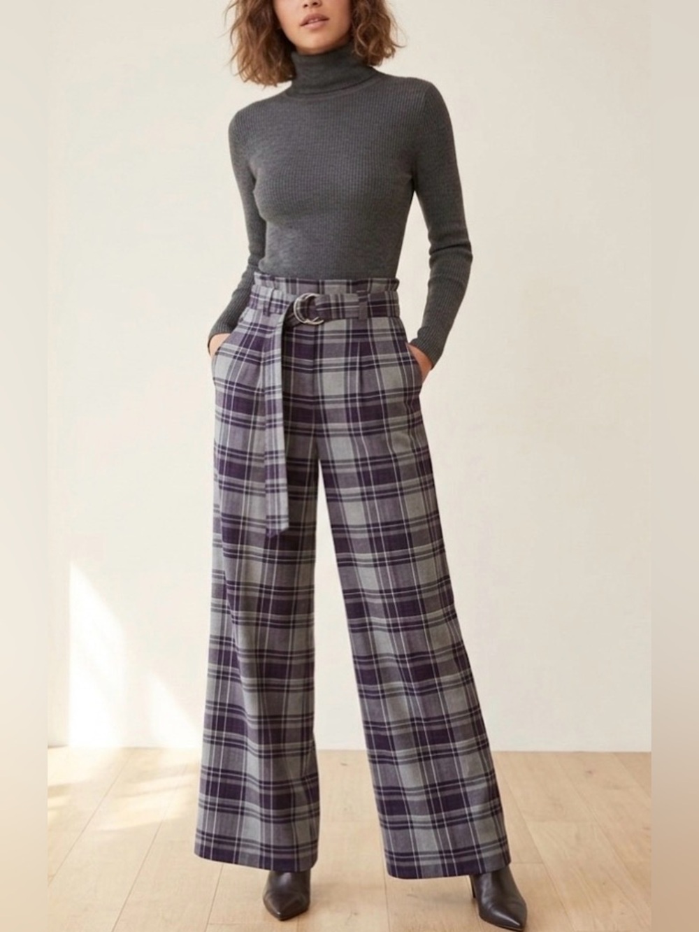 7th Avenue New York & Company Women’s Palazzo Plaid Wide-Leg Pants with Belt NWT